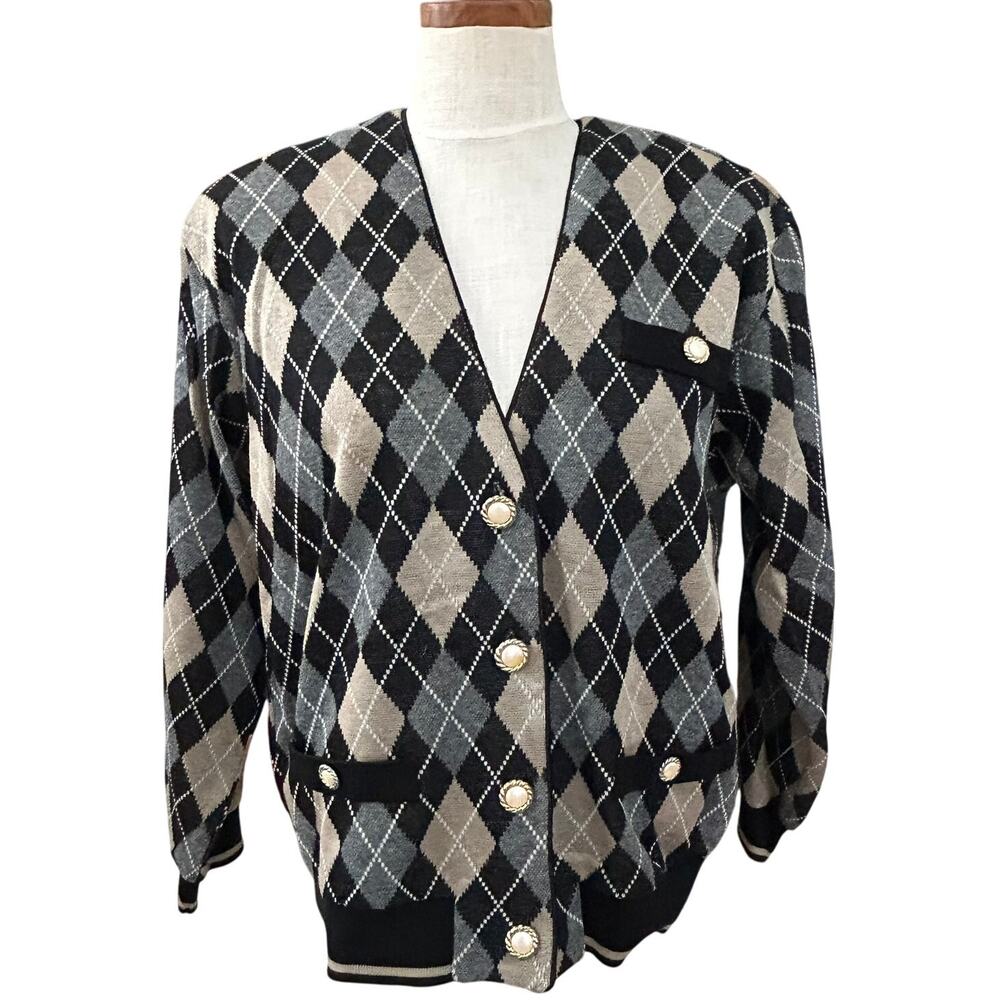Vtg 80s Leslie Fay Haberdashery Argyle Cardigan M Petite Gold Buttons USA Black